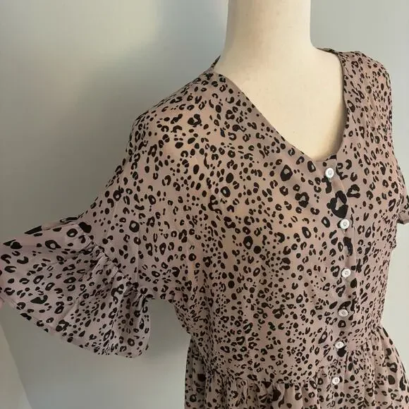 SHEIN Leopard Cheetah Print Brown Black Short Sleeve Top Button-Up Peplum Mediun - Picture 2 of 8